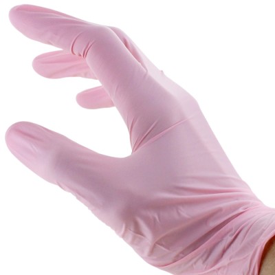 Gants en nitrile rose pour dermopigmentation. Matériel protection et hygiène maquillage permanent.