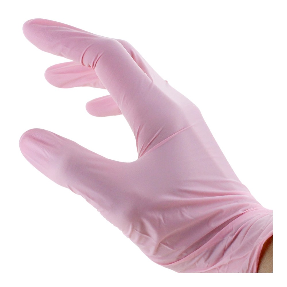 Gants en nitrile rose pour dermopigmentation. Matériel protection et hygiène maquillage permanent.