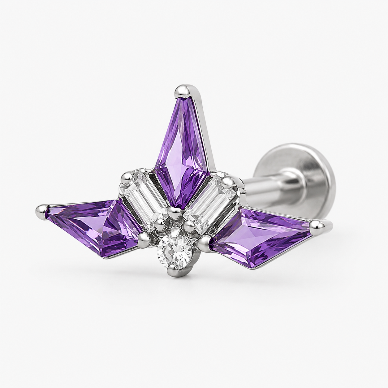 Ondine - Titanium Labret F136 - Silver Finish - White Zircon - Purple Zircon
