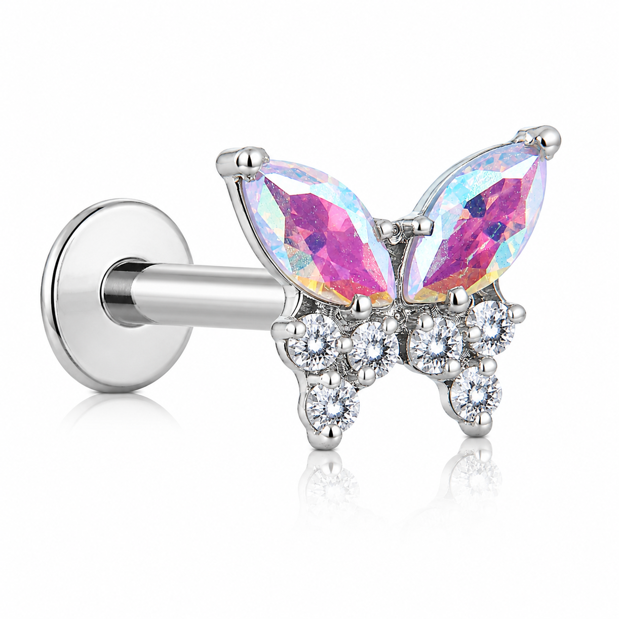 Rose - Titanium Labret F136 - Silver Finish - Aurora Borealis Zircon