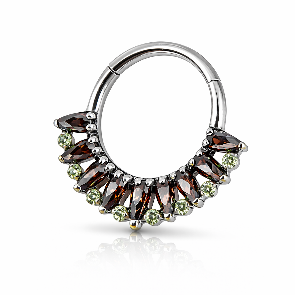 Althéa - Anneau Clicker Titane F136 - Finition Argent - 1.2*8mm - Zircon noir - Zircon vert