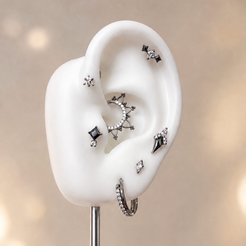 Océane - Labret Titane F136 - Finition Argent - Zircon blanc - Zircon noir