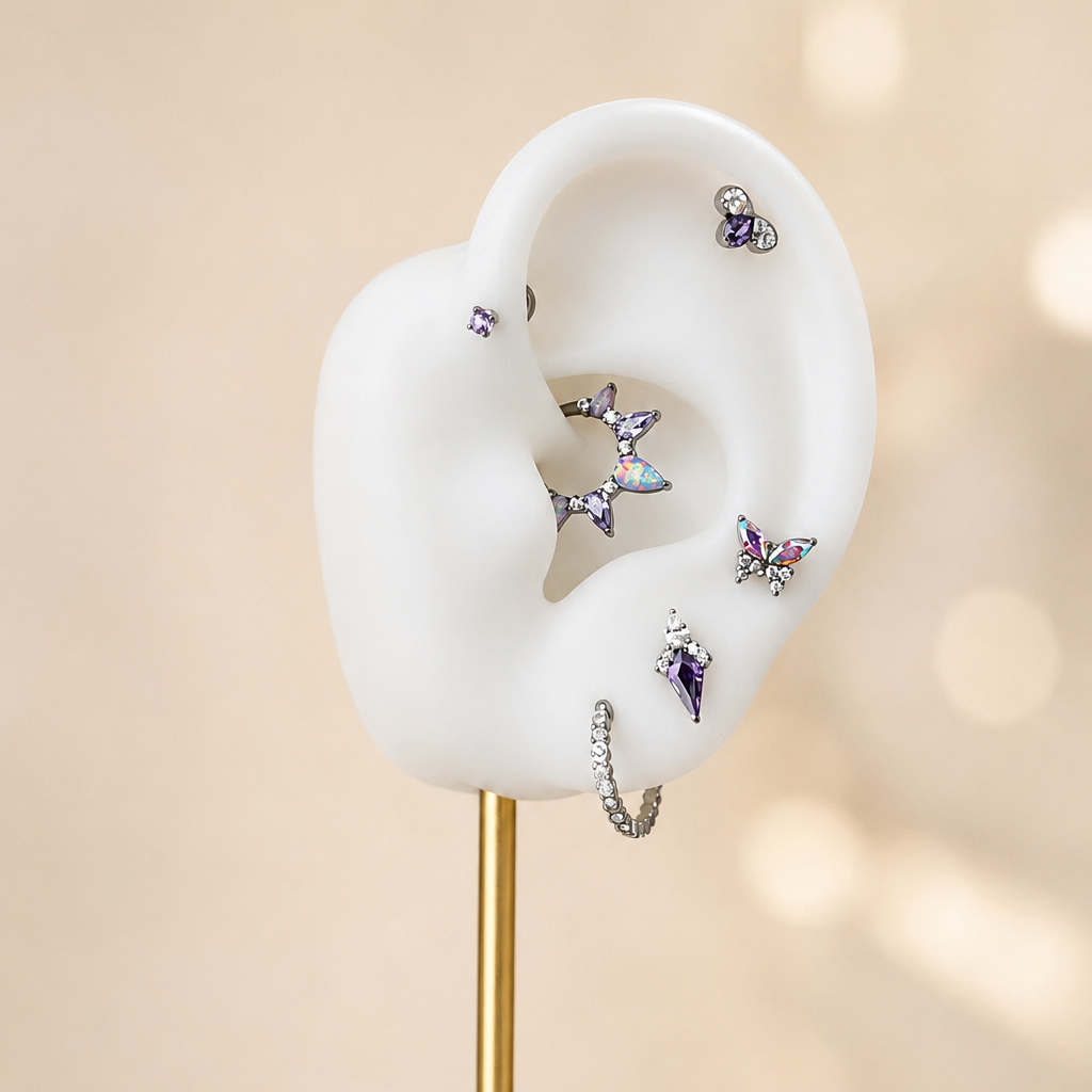Rose - Labret Titane F136 - Finition Argent - Zircon Aurora Borealis