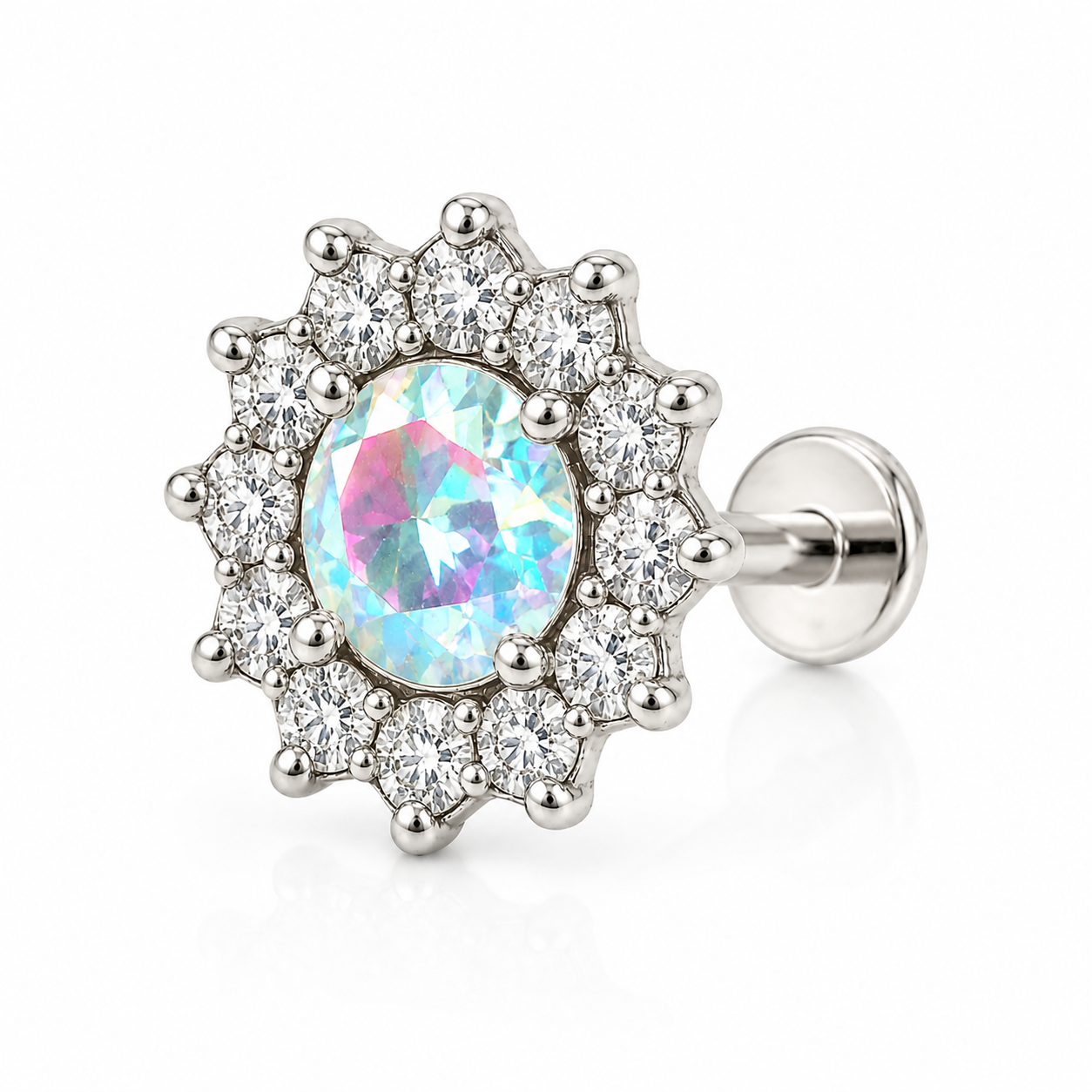 Calypso - Labret Filetage Interne - Finition Argent - 0.9 * 8 mm - Zircon Aurore Borealis