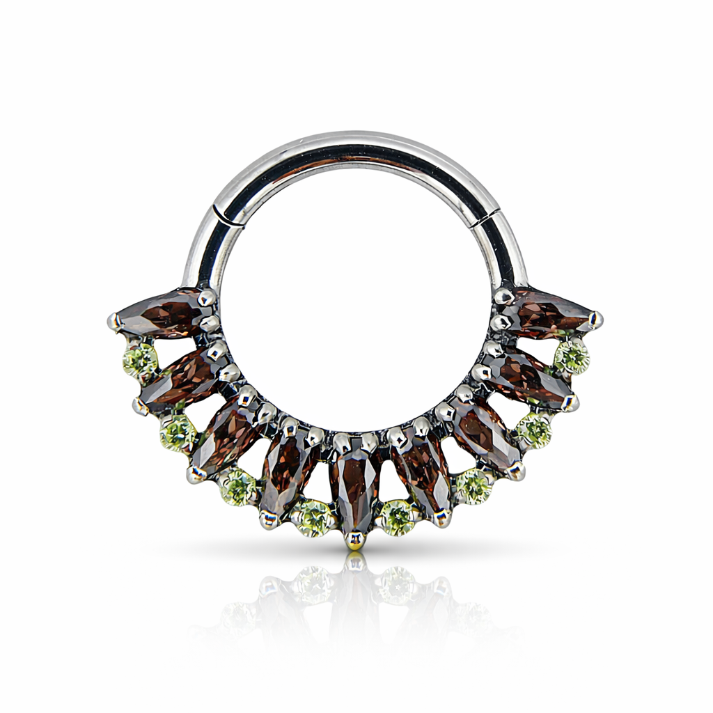 Althéa - Anneau Clicker Titane F136 - Finition Argent - 1.2*8mm - Zircon noir - Zircon vert