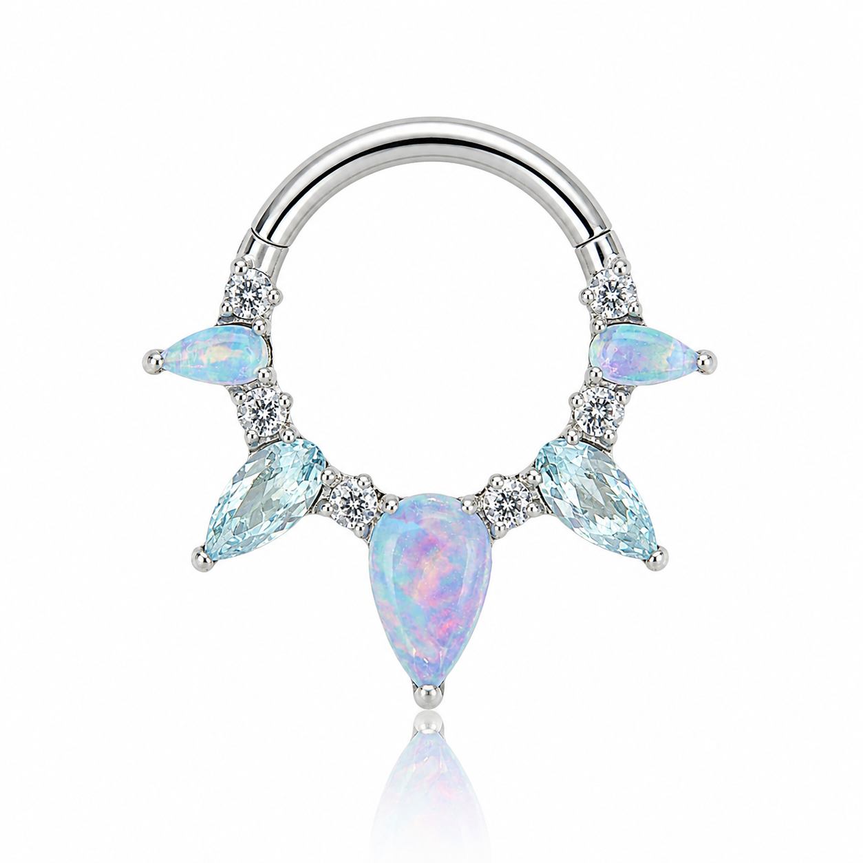 Maya - Anneau Clicker Titane F136 - Finition Argent - 1.2*8mm - Opale bleue