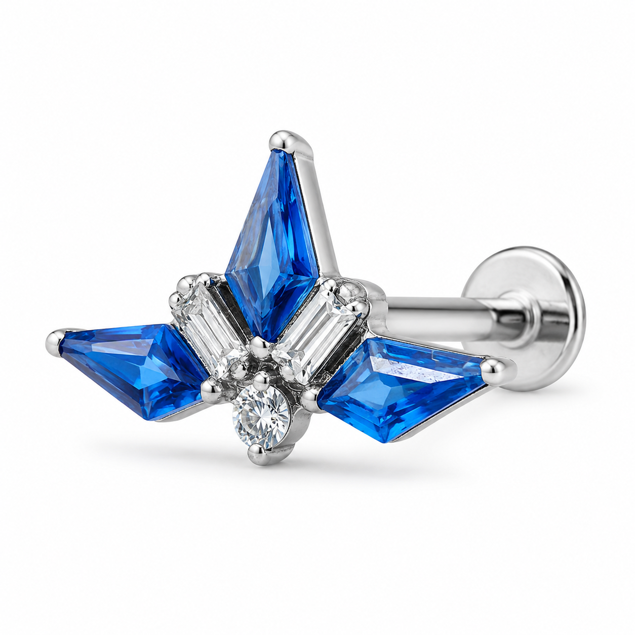 Ondine - Titanium Labret F136 - Silver Finish - White Zircon - Blue Zircon